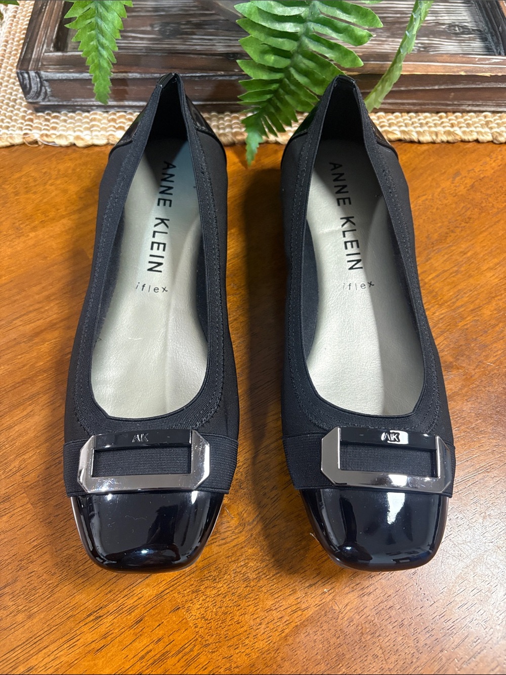 Anne Klein Black Patent-Toe Ballet Flats with Silver Buckle